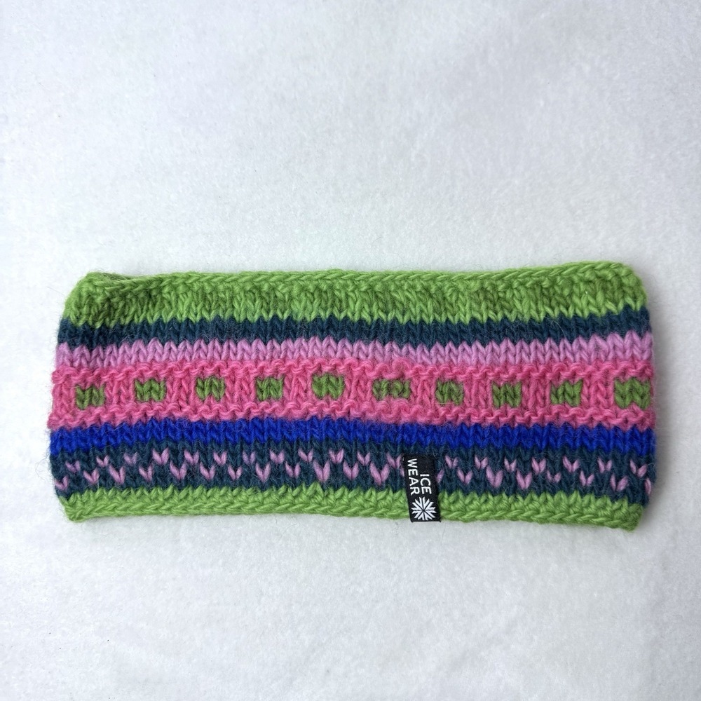 Icewear Magney Headband Wool Hand Knitted Green Pink Fleece Lined Ear Warmer